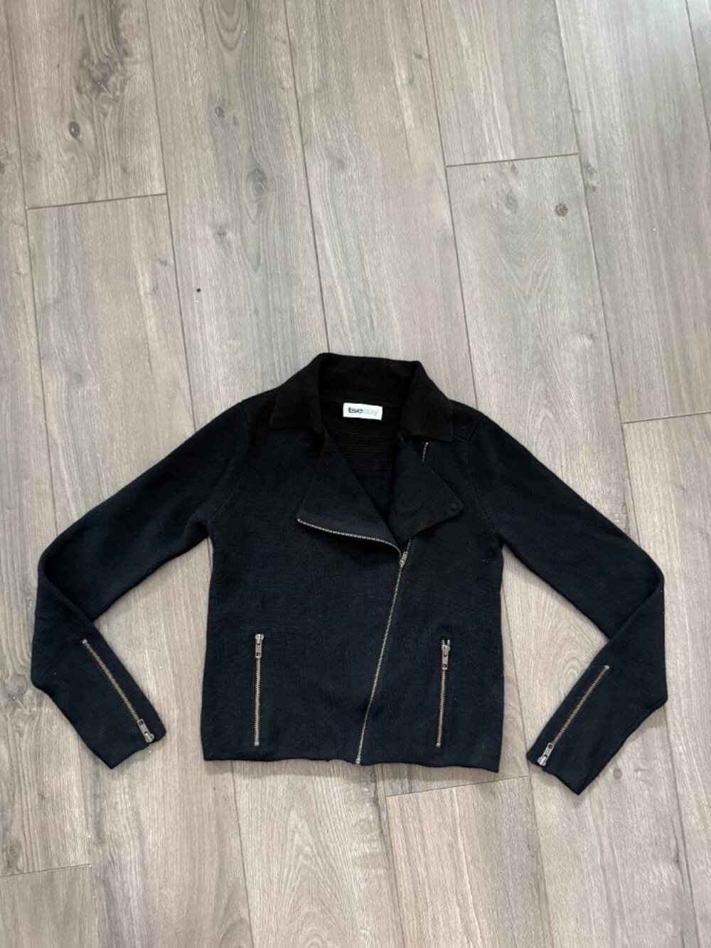 Tsesay Black Moto Sweater Jacket Zip Front Wool Blend XS